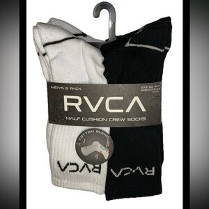 RVCA Half Cushion Crew Socks 6 Pair Men 8-12.5 Black White w Logo Skate Surf NEW